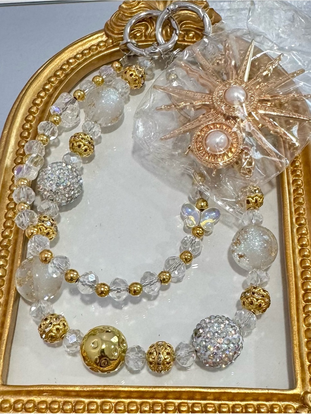 New Gold and Clear Beaded Phone Chain with Crystal Accents and Pearls